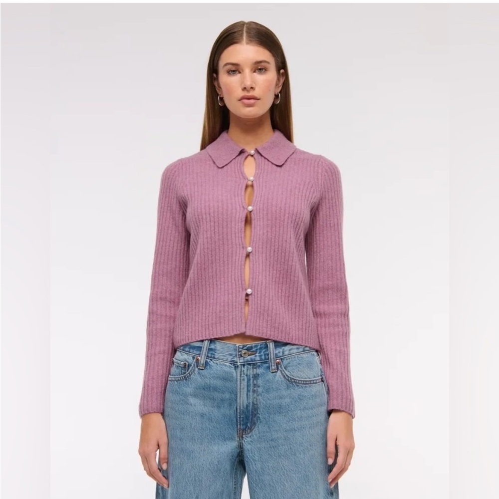 Purple Ribbed Cardigan with Pearl Buttons